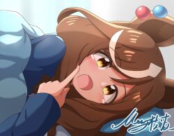 Rule 34 | 1girl, absurdres, alternate costume, animal ears, bed, blush, cheek poking, commentary request, highres, horse ears, horse girl, looking at viewer, matikane tannhauser (umamusume), matty (matsutomo), open mouth, pajamas, pillow, poking, pov, signature, simple background, solo focus, umamusume, white background, yellow eyes