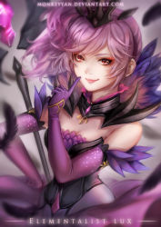 Rule 34 | 1girl, black feathers, breasts, cleavage, dark elementalist lux, elbow gloves, elementalist lux, feathers, gloves, highres, league of legends, lux (league of legends), medium breasts, monkeyyan, purple hair, red eyes, tagme, wand