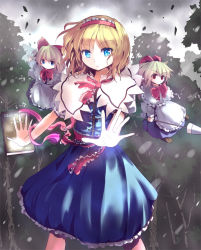 Rule 34 | 1girl, alice margatroid, ascot, blonde hair, blue eyes, book, bow, capelet, culter, dress, female focus, forest, hair bow, hairband, lance, nature, polearm, red eyes, sash, shanghai doll, short hair, solo, touhou, weapon