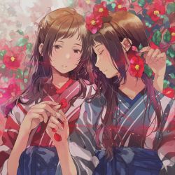 Rule 34 | 2girls, blue kimono, bow, brown eyes, brown hair, closed eyes, flower, flower request, fly (marguerite), hair bow, hair flower, hair ornament, hand up, highres, japanese clothes, kimono, long hair, mole, multiple girls, obi, original, parted lips, red flower, red kimono, sash, short sleeves, white bow