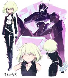 Rule 34 | 1boy, back, black gloves, black jacket, blonde hair, body armor, bound, bound wrists, ascot, closed eyes, gloves, holding breath, jacket, lio fotia, male focus, promare, purple eyes, short hair, sitting, solo, soto, torn clothes, torn sleeves