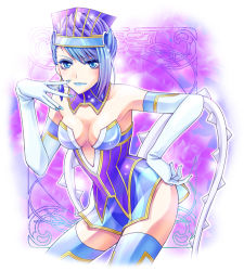 Rule 34 | 10s, 1girl, bare shoulders, blue eyes, blue hair, blue rose (tiger &amp; bunny), boots, breasts, cleavage, earrings, elbow gloves, fingernails, gloves, hat, jewelry, karina lyle, lipstick, lowres, makeup, matching hair/eyes, short hair, solo, superhero costume, thigh boots, thighhighs, tiger &amp; bunny, tippy mixx