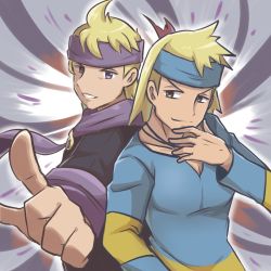 Rule 34 | 2boys, black sweater, blonde hair, blue headband, blue shirt, brown eyes, closed mouth, commentary request, creatures (company), dual persona, game freak, hand up, headband, highres, jewelry, long sleeves, male focus, medium hair, morty (pokemon), multiple boys, necklace, nintendo, pokemon, pokemon gsc, pokemon hgss, purple eyes, purple headband, purple scarf, saon101, scarf, shirt, smile, sweater