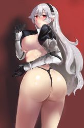 Rule 34 | 1girl, armor, ass, blonde hair, blush, breasts, corrin (female) (fire emblem), corrin (fire emblem), fire emblem, fire emblem if, from behind, green eyes, hairband, highres, huge ass, large breasts, long hair, looking at viewer, nintendo, red eyes, sideboob, silver hair, smile, solo, thong, very long hair