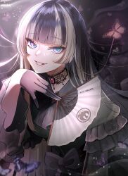 Rule 34 | 1girl, absurdres, black gloves, black hair, blue eyes, bug, butterfly, choker, dress, gloves, green dress, grey hair, hand fan, highres, hinoki kahun0, holding, holding fan, hololive, hololive dev is, insect, juufuutei raden, lace, lace choker, long hair, multicolored hair, two-tone hair, virtual youtuber