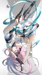 Rule 34 | 2girls, absurdres, arm warmers, bare legs, black footwear, black shirt, blue eyes, blue hair, boots, breasts, chromatic aberration, closed mouth, commentary request, cross-laced footwear, full body, grey background, hatsune miku, highres, knee boots, lace-up boots, long hair, long sleeves, looking at viewer, medium breasts, megurine luka, multiple girls, pink hair, rumoon, shirt, side slit, skirt, sleeveless, sleeveless shirt, twintails, two-tone shirt, very long hair, vocaloid, white background, white shirt, white skirt, world&#039;s end dancehall (vocaloid)
