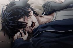 Rule 34 | 1boy, black hair, blood, blue eyes, bruise, bruise on face, cigarette, cigarette burn, crying, grabbing another&#039;s hair, imai akira, injury, jacket, long sleeves, lying, male focus, masochism, nosebleed, on back, one eye closed, open mouth, original, reverse ryona, short hair, smile, solo focus, tears