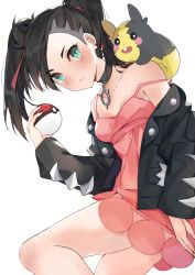 Rule 34 | 1girl, aqua eyes, asymmetrical bangs, asymmetrical hair, bare shoulders, black hair, black jacket, black nails, blush, breasts, choker, commentary request, creatures (company), dress, earrings, from side, game freak, gen 8 pokemon, hair ribbon, highres, jacket, jewelry, long sleeves, looking at viewer, marnie (pokemon), morpeko, morpeko (full), nail polish, nintendo, off-shoulder jacket, off shoulder, open clothes, pink dress, poke ball, poke ball (basic), pokemon, pokemon (creature), pokemon swsh, red ribbon, ribbon, simple background, small breasts, twintails, white background, xhunzei
