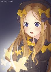 Rule 34 | 1girl, abigail williams (fate), absurdres, black bow, black dress, black hat, blonde hair, blue eyes, blush, bow, bug, butterfly, commentary request, dress, fate/grand order, fate (series), forehead, grey background, hair bow, hat, highres, hyonee, insect, long hair, long sleeves, looking away, multiple hair bows, parted bangs, polka dot, polka dot bow, sleeves past fingers, sleeves past wrists, solo, tears, twitter username, very long hair, yellow bow