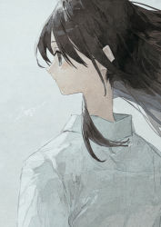 Rule 34 | 1girl, black hair, closed mouth, collared shirt, commentary request, from behind, grey background, highres, long hair, original, potg (piotegu), profile, shirt, signature, solo, upper body, white shirt
