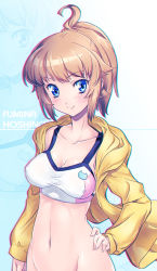 Rule 34 | 1girl, blue eyes, bottomless, breasts, brown hair, character name, chromatic aberration, cleavage, closed mouth, collarbone, commentary request, covered erect nipples, crop top, graphite (medium), gundam, hand on own hip, highres, hood, hooded jacket, hoshino fumina, jacket, kuzuryuu kennosuke, long sleeves, looking at viewer, medium breasts, navel, open clothes, open jacket, out-of-frame censoring, short hair, short ponytail, smile, solo, standing, traditional media, upper body, yellow jacket, zoom layer