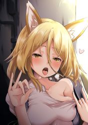 Rule 34 | 1girl, absurdres, animal ears, blonde hair, blush, breasts, bursting breasts, clothes lift, collarbone, commentary request, covered erect nipples, fellatio gesture, fox ears, fox shadow puppet, hair between eyes, heart, highres, kamunika, kudamaki tsukasa, medium breasts, open mouth, oral invitation, revision, romper, saliva, short hair, skindentation, solo, tongue, tongue out, touhou, upper body, uvula, white romper, yellow eyes
