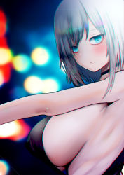 Rule 34 | 1girl, ars almal, bare shoulders, black choker, black dress, blue eyes, blurry, blurry background, blush stickers, breasts, choker, chomikuplus, closed mouth, covered erect nipples, dress, from side, highres, large breasts, looking at viewer, medium hair, nijisanji, revealing clothes, sideboob, silver hair, virtual youtuber
