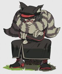 Rule 34 | 1boy, animal ears, animal hat, black coat, black footwear, black hair, black hat, boots, cabbie hat, closed mouth, coat, commentary request, cross-laced footwear, crossed arms, fake animal ears, full body, fur-trimmed sleeves, fur collar, fur trim, glasses, grass, hat, lace-up boots, long sleeves, looking down, male focus, master detective archives: rain code, mouse (animal), red-framed eyewear, red eyes, round eyewear, sameyama jiro, short hair, sitting, solo, zilch alexander