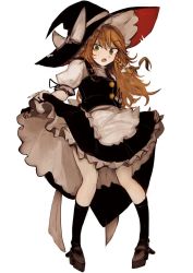 Rule 34 | 1girl, apron, black apron, black hat, black skirt, black socks, black vest, blonde hair, bow, braid, brown footwear, clothes lift, green eyes, hat, hat bow, kirisame marisa, lifting own clothes, looking at viewer, necro (nekurodayo), open mouth, pigeon-toed, puffy short sleeves, puffy sleeves, shirt, shoes, short sleeves, side braid, skirt, skirt hold, skirt lift, socks, solo, touhou, vest, waist apron, white bow, white shirt, witch hat