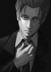 Rule 34 | 1boy, absurdres, adjusting neckwear, closed mouth, collared shirt, commentary request, expressionless, formal, greyscale, highres, jacket, kaiki deishuu, male focus, monochrome, monogatari (series), nemo ringo, shirt, short hair, solo, spot color, suit, suit jacket, upper body