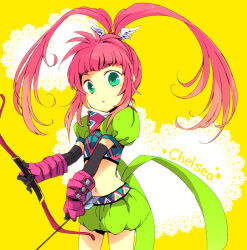 Rule 34 | 1girl, :&lt;, bad id, bad pixiv id, black gloves, bow (weapon), bubble skirt, character name, chelsea torn, crop top, gloves, green eyes, green skirt, hair ornament, hairpin, ichika (rainyrainy), lace, long hair, midriff, navel, pink hair, ponytail, shorts, sidelocks, skirt, solo, tales of (series), tales of destiny, twintails, weapon, yellow background