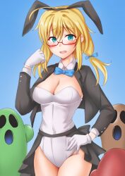 Rule 34 | 1girl, 3others, alternate costume, anti (untea9), blonde hair, blush, breasts, collarbone, cowboy shot, detached collar, glasses, gloves, highres, i-8 (kancolle), kantai collection, leotard, long sleeves, looking at viewer, medium breasts, multiple others, open mouth, red-framed eyewear, smile, tailcoat, tailcoat playboy bunny, white gloves, white leotard