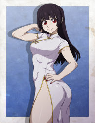 Rule 34 | 1girl, ass, black hair, breasts, china dress, chinese clothes, chuunioniika, cowboy shot, dress, hair flip, hand on own hip, highres, kanoe yuuko, long hair, looking at viewer, medium breasts, nail polish, no panties, red eyes, red nails, side slit, smile, solo, tasogare otome x amnesia, thighs, white dress