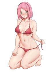 Rule 34 | 1girl, bare shoulders, barefoot, bikini, blush, breasts, cleavage, collarbone, commentary, commission, facial mark, feet, forehead mark, full body, green eyes, groin, hairband, halterneck, hand on own thigh, haruno sakura, highres, kneeling, looking at viewer, medium breasts, midriff, naruto (series), naruto shippuuden, navel, nose blush, parted bangs, pink hair, red bikini, red hairband, sarhce, short hair, side-tie bikini bottom, sidelocks, simple background, smile, solo, string bikini, swimsuit, underboob, untying, white background
