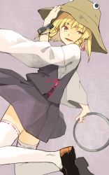 Rule 34 | 1girl, bad id, bad twitter id, blonde hair, bracelet, hair ornament, hair ribbon, hat, hichiko, jewelry, long sleeves, looking to the side, moriya&#039;s iron rings, moriya suwako, open mouth, ribbon, shirt, shoes, short hair, simple background, skirt, skirt set, smile, solo, thighhighs, touhou, vest, white thighhighs, wide sleeves, yellow eyes