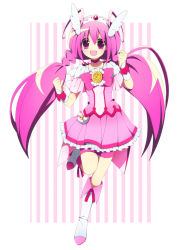 Rule 34 | 10s, 1girl, antennae, bike shorts, bike shorts under skirt, boots, bow, bowtie, choker, cure happy, dress, full body, head wings, hoshizora miyuki, knee boots, long hair, magical girl, pink bow, pink bowtie, pink dress, pink eyes, pink hair, pink shorts, pink skirt, pink theme, precure, ribbon, shorts, shorts under skirt, skirt, smile, smile precure!, solo, soranagi, standing, standing on one leg, striped, striped background, tiara, twintails, vertical stripes, wings, wrist cuffs