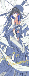 Rule 34 | 1girl, anniversary, bare shoulders, blue bow, blue eyes, blue hair, boros (ouro kronii), bow, bow earrings, breasts, cleavage, colored inner hair, commentary, dress, earrings, english commentary, fangs, hair intakes, halo, highres, hololive, hololive english, jewelry, mechanical halo, medium breasts, mixed-language commentary, multicolored hair, open mouth, ouro kronii, short hair, sitting, skin fangs, smile, solo, v-shaped eyebrows, virtual youtuber, wada arco, white background, white dress