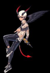 Rule 34 | 1boy, black pants, black wings, demon tail, destiny child, frej (destiny child), full body, holding, holding weapon, horns, male focus, official art, pants, pointy ears, shoes, short hair, sneakers, solo, tail, tan, transparent background, weapon, white hair, wings