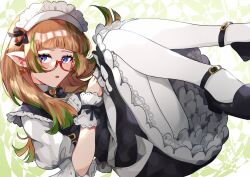 Rule 34 | 1girl, :o, apron, artist request, blue eyes, blush, brown hair, earrings, glasses, green background, green hair, heart, heart earrings, highres, jewelry, looking at viewer, maid, maid headdress, multicolored hair, original, pointy ears, shoes, thighhighs, two-tone hair, white thighhighs, wrist cuffs