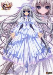 Rule 34 | 00s, 11eyes, 1girl, 3days, absurdres, blue eyes, chikotam, dress, grey hair, halftone, headdress, highres, lisette vertorre, lolita fashion, long hair, mary janes, official art, raswell (company), scan, shoes, solo, very long hair, white dress, zoom layer
