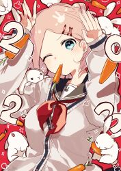 Rule 34 | 1girl, 2023, absurdres, animal, arms up, black sailor collar, blue eyes, breasts, cardigan, carrot, chinese zodiac, closed mouth, commentary request, cone hair bun, earrings, food in mouth, hair bun, hair ornament, hairclip, head tilt, highres, jewelry, long sleeves, mouth hold, nail polish, neckerchief, one eye closed, original, parted bangs, pink hair, puffy long sleeves, puffy sleeves, rabbit, rabbit earrings, rabbit pose, red background, red nails, red neckerchief, sailor collar, school uniform, serafuku, shirt, simple background, sleeves past wrists, small breasts, sofra, solo, sparkle, upper body, white cardigan, white shirt, x hair ornament, year of the rabbit