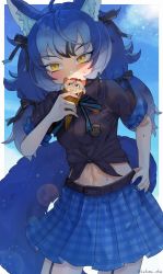Rule 34 | animal ears, blue background, dire wolf (kemono friends), gloves, highres, island fox (kemono friends), kedama (ughugjydthjdf), kemono friends, kemono friends v project, necktie, outside border, shirt, simple background, skirt, tail, virtual youtuber