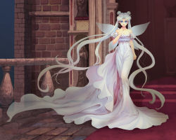 Rule 34 | 1girl, absurdly long hair, absurdres, aliza (artist), bare shoulders, bishoujo senshi sailor moon, blue eyes, crescent, crescent facial mark, dress, facial mark, forehead mark, full body, highres, lipstick, long dress, long hair, looking at viewer, makeup, parted bangs, princess serenity, queen serenity, red carpet, red lips, silver hair, solo, tsukino usagi, twintails, very long hair, white dress
