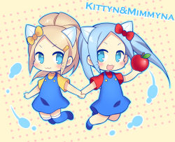 Rule 34 | 2girls, :3, animal ears, apple, blonde hair, blue dress, blue eyes, blue hair, blue skirt, cat ears, dress, food, fruit, hair ornament, hair ribbon, hairclip, hello kitty, holding hands, idunn &amp; idunna, kaki s, kemonomimi mode, kittyn &amp; mimmyna, long hair, looking at viewer, multiple girls, open mouth, ponytail, puzzle &amp; dragons, ribbon, sanrio, skirt, smile, whiskers