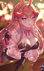 Rule 34 | 1girl, animal ears, black gloves, blue eyes, breasts, brown hair, casino, cleavage, colored inner hair, commission, gloves, harushio, highres, holding dice, horns, indie virtual youtuber, large breasts, long hair, miss rabbit, multicolored hair, pink gloves, pink hair, rabbit ears, rabbit girl, red horns, see-through, see-through sleeves, skeb commission, solo, two-tone gloves, virtual youtuber