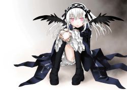Rule 34 | 00s, 1girl, boots, doll joints, dress, female focus, frills, hairband, joints, kakashichi, knee boots, long hair, looking at viewer, pink eyes, rozen maiden, sitting, solo, suigintou, white hair, wings