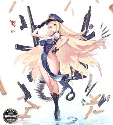 Rule 34 | 1girl, ammunition, armband, ass, bare shoulders, black footwear, black gloves, blonde hair, blue headwear, boots, breasts, bullet, bullet casing, closed mouth, combat knife, covered erect nipples, cross-laced footwear, cuffs, destiny child, explosive, fingerless gloves, gloves, grenade, gun, hand grenade, hand on own hip, handcuffs, handgun, high heel boots, high heels, highres, impossible clothes, knife, lace-up boots, long hair, mafdet (destiny child), magazine (weapon), no panties, platform boots, platform footwear, punc p, reflection, ripples, salute, shell casing, shotgun shell, smile, solo, standing, suppressor, very long hair, water, weapon, weapon request, yellow eyes