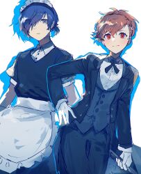 Rule 34 | 1boy, 1girl, absurdres, apron, black dress, black necktie, black pants, black vest, blue hair, blue outline, bolo tie, bow, brown hair, butler, closed mouth, coat, collared dress, collared shirt, crossdressing, dress, drop shadow, female butler, frilled apron, frills, frown, gloves, grey eyes, hair between eyes, hair bow, hair ornament, hair over one eye, hairclip, hand on own hip, highres, holding, long sleeves, looking at viewer, maid, maid apron, maid headdress, male maid, necktie, official alternate costume, open clothes, open coat, outline, pants, persona, persona 3, persona 3 portable, ponytail, puffy short sleeves, puffy sleeves, red bow, red eyes, room rem, shiomi kotone, shirt, short hair, short sleeves, simple background, smile, vest, waist apron, white apron, white background, white gloves, white shirt, wing collar, yuuki makoto (persona 3)