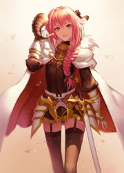 Rule 34 | 1boy, armor, astolfo (fate), black bow, black thighhighs, bow, braid, cloak, fate/apocrypha, fate (series), faulds, fur trim, garter straps, gauntlets, hair between eyes, hair bow, hair intakes, hand up, highres, holding, holding horn, looking at viewer, male focus, mool yueguang, multicolored hair, open mouth, pink eyes, pink hair, single braid, smile, solo, standing, streaked hair, sword, thighhighs, trap, weapon, white hair