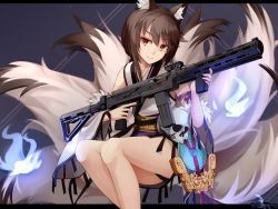 Rule 34 | 1girl, animal ears, bare legs, blue fire, brown eyes, brown hair, closed mouth, detached sleeves, fire, fox ears, fox tail, full body, girls&#039; frontline, gun, highres, holding, holding gun, holding weapon, japanese clothes, kimono, kitsune, legs together, light smile, magpul, multiple tails, obi, official alternate costume, revision, sash, short kimono, sidelocks, skull, sleeveless, sleeveless kimono, smile, solo, submachine gun, tail, tsurime, type 79 (girls&#039; frontline), type 79 (nine-tail fox) (girls&#039; frontline), type 79 smg, vectorek, vertical forward grip, weapon, white kimono, wolf ears, wolf tail
