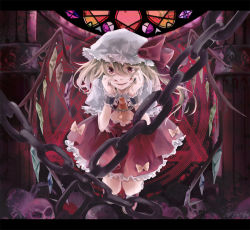 Rule 34 | 1girl, bad id, bad pixiv id, blonde hair, chain, chained, chain, cuffs, female focus, flandre scarlet, hair ribbon, hands on own cheeks, hands on own face, hat, laevatein, letterboxed, lunica, magic circle, open mouth, pillar, red eyes, ribbon, rukashima, short hair, side ponytail, skirt, skirt set, skull, smile, solo, stained glass, touhou, wings, wrist cuffs
