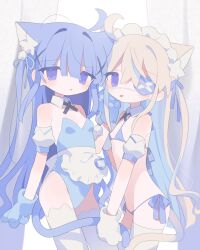 Rule 34 | 2girls, ahoge, animal ear fluff, animal ears, animal hands, apron, bare shoulders, bikini, blonde hair, blue bikini, blue gloves, blue hair, blue leotard, blue ribbon, breasts, cat ears, cat girl, cat tail, commentary, cowboy shot, cross tie, daizu (melon-lemon), detached collar, detached sleeves, extra ears, eyepatch, eyes visible through hair, flat chest, frilled apron, frills, gloves, hair ornament, hair ribbon, hand up, highres, holding another&#039;s arm, holding another&#039;s tail, leotard, long bangs, long hair, looking at viewer, maid headdress, medical eyepatch, multiple girls, name tag, one eye covered, original, parted lips, paw gloves, petite, puffy short sleeves, puffy sleeves, purple eyes, ribbon, short sleeves, side-tie bikini bottom, small breasts, standing, strapless, strapless leotard, string bikini, swimsuit, symbol-only commentary, tail, thighhighs, tongue, tongue out, very long hair, white apron, white gloves, white thighhighs