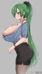 Rule 34 | 1girl, alternate breast size, artist name, ass, bag, blush, breasts, casual, cleavage, collarbone, contemporary, earrings, fire emblem, fire emblem: the blazing blade, green eyes, green hair, hair ribbon, high ponytail, highres, huge breasts, jewelry, long hair, low neckline, lyn (fire emblem), necklace, nintendo, noiretox, pencil skirt, ribbon, shoulder bag, simple background, skirt, smile, solo, watch, wristwatch