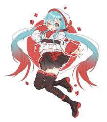 Rule 34 | 1girl, artist name, blue eyes, blue hair, blush, boots, canada, commentary, cross-laced footwear, english commentary, full body, gradient hair, gremlinbon, hair ornament, hand on own face, hat, hatsune miku, highres, hood, hoodie, lace-up boots, leaf, leaf hair ornament, long hair, long sleeves, low twintails, maple leaf, multicolored hair, one eye closed, open mouth, plaid, plaid shirt, pleated skirt, pom pom (clothes), red hair, shirt, skirt, smile, solo, thighhighs, twintails, very long hair, vocaloid