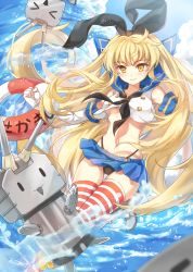 Rule 34 | 10s, 1girl, blonde hair, brown eyes, ceru, elbow gloves, gloves, hairband, innertube, kantai collection, long hair, rensouhou-chan, shimakaze (kancolle), skirt, smile, solo, striped clothes, striped thighhighs, swim ring, thighhighs, water, waves
