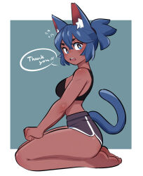 Rule 34 | 1girl, amazu (kurozu), animal ears, aoi (amazu), bare arms, bare legs, bare shoulders, barefoot, blue background, blue eyes, blue hair, breasts, cat ears, cat girl, cat tail, commentary, crop top, dark-skinned female, dark skin, dolphin shorts, english commentary, flying sweatdrops, from side, full body, hair between eyes, highres, looking at viewer, looking to the side, medium breasts, original, ponytail, purple shorts, seiza, short eyebrows, shorts, sitting, solo, tail, thank you, thick eyebrows, two-tone background, white background
