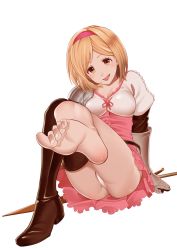 Rule 34 | 10s, 1girl, bad id, bad twitter id, barefoot, blonde hair, boots, brown eyes, brown footwear, brown thighhighs, djeeta (granblue fantasy), feet, fighter (granblue fantasy), foot focus, foreshortening, gauntlets, granblue fantasy, hairband, nagashii kouhei, panties, shoes, single boot, single shoe, skirt, solo, thigh boots, thighhighs, toes, tongue, underwear