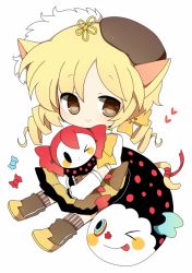 Rule 34 | 10s, animal ears, bad id, bad pixiv id, beret, blonde hair, boots, candy, cat ears, cat tail, charlotte (madoka magica), chibi, detached sleeves, drill hair, food, hair ornament, hair ribbon, haru (kyou), hat, hug, kemonomimi mode, magical girl, mahou shoujo madoka magica, mahou shoujo madoka magica (anime), one eye closed, pleated skirt, ribbon, skirt, smile, striped clothes, striped legwear, striped thighhighs, tail, thighhighs, tomoe mami, vertical-striped clothes, vertical-striped legwear, vertical-striped thighhighs, wink, yellow eyes