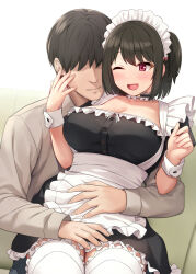 Rule 34 | 1boy, 1girl, ;d, apron, black dress, black hair, breasts, cleavage, closed mouth, dress, faceless, faceless male, frilled thighhighs, frills, hetero, highres, large breasts, maid, maid apron, one eye closed, open mouth, original, puffy short sleeves, puffy sleeves, red eyes, sawada yuusuke, short hair, short sleeves, smile, thighhighs, white thighhighs, white wrist cuffs, wrist cuffs