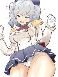 Rule 34 | 1girl, blue eyes, breasts, commentary request, cowboy shot, epaulettes, flying sweatdrops, frilled sleeves, frills, from below, gloves, grey skirt, highres, igarashi mangou, jacket, kantai collection, kashima (kancolle), large breasts, long sleeves, military, military jacket, military uniform, miniskirt, neckerchief, open mouth, panties, pleated skirt, red neckerchief, sidelocks, silver hair, skirt, solo, twintails, underwear, uniform, wavy hair, white gloves, white jacket, white panties